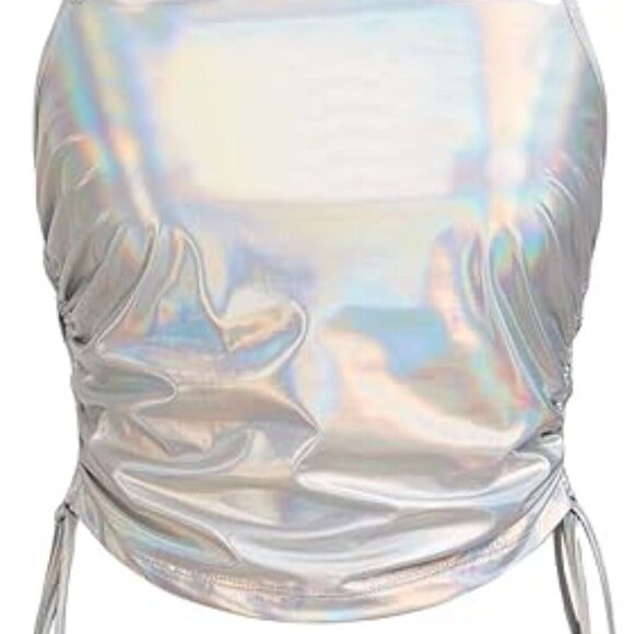 SHEIN Women's Holographic Drawstring Side Chain Strap Crop Halter Top- Small - Picture 6 of 11